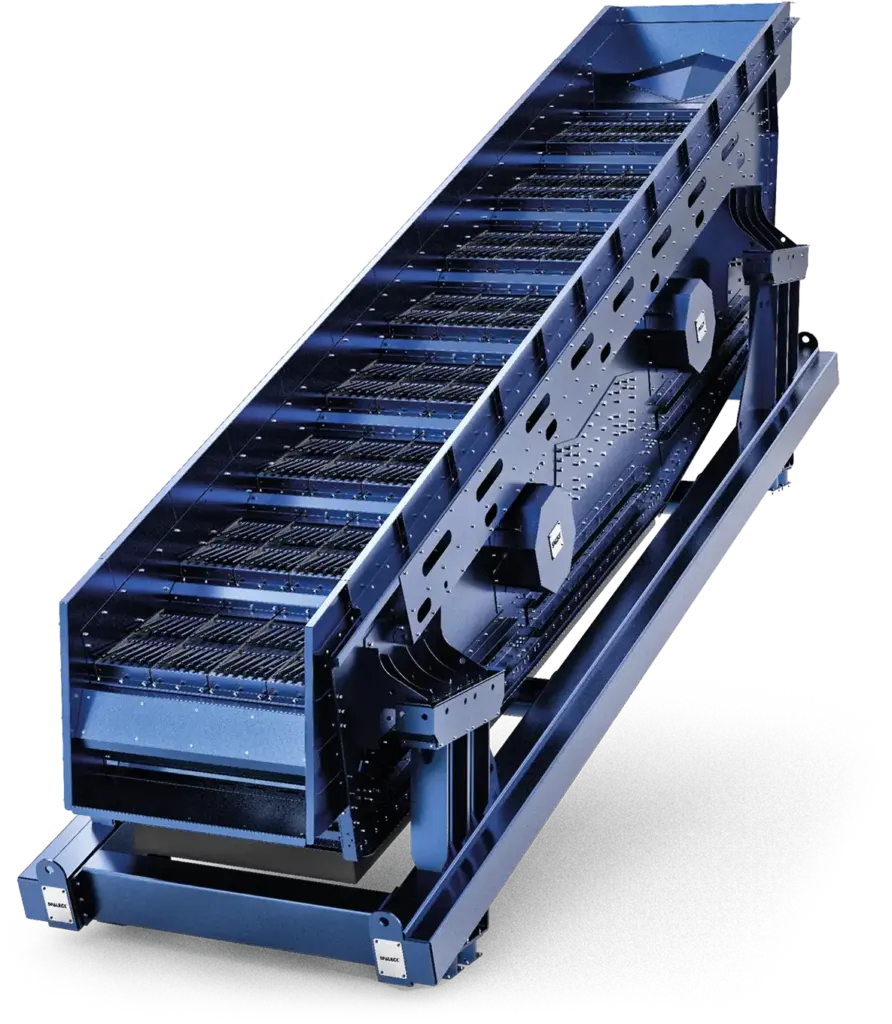 Industrial screening machine, possibly a MODUL4 DARK RZ, in blue.