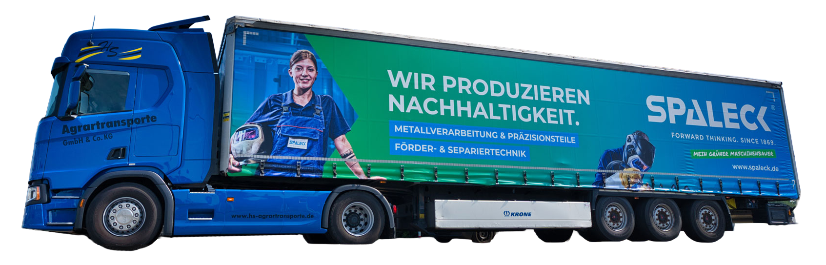 Truck featuring SPALECK Group advertising for sustainable production.