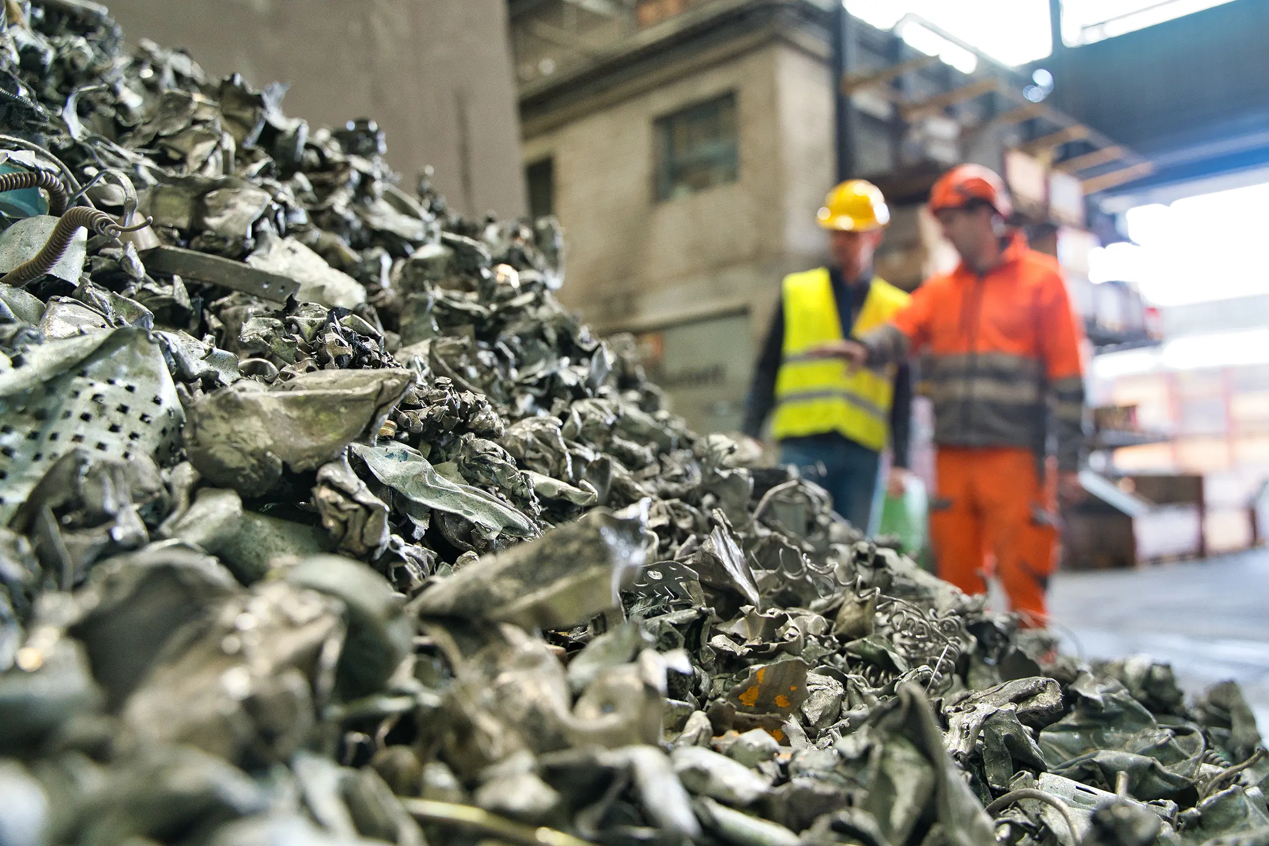 Recycled electronic waste is sorted by material—here, pure aluminum
