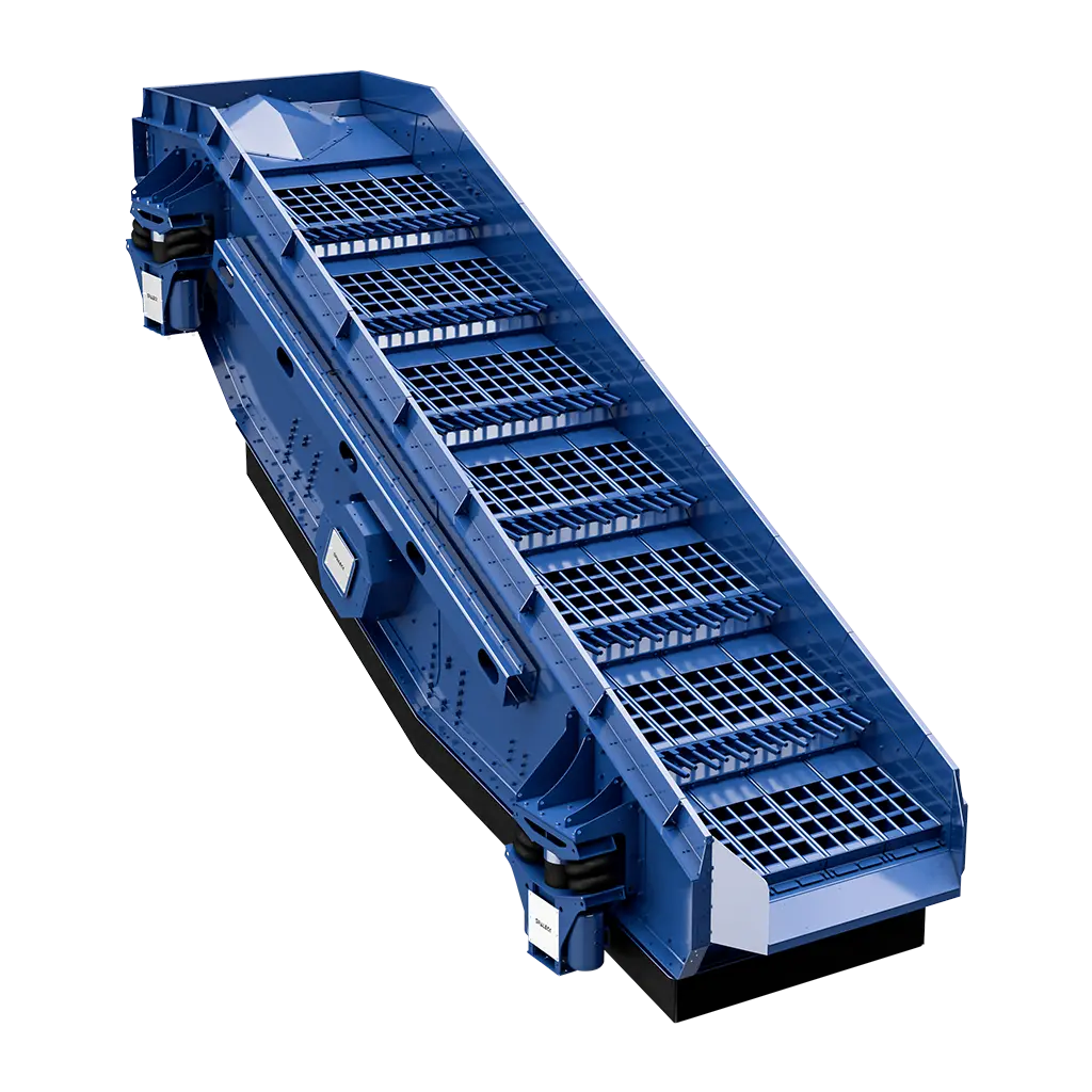 Blue recycling screen for sorting recycled materials.