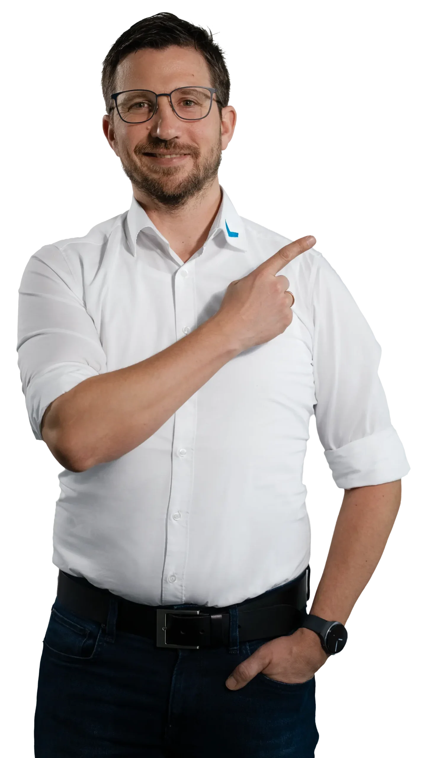 A man in a white shirt is pointing to the right with his finger