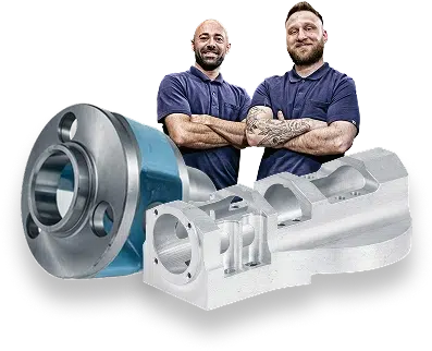 Two men are standing behind machine parts that are featured on the home page.