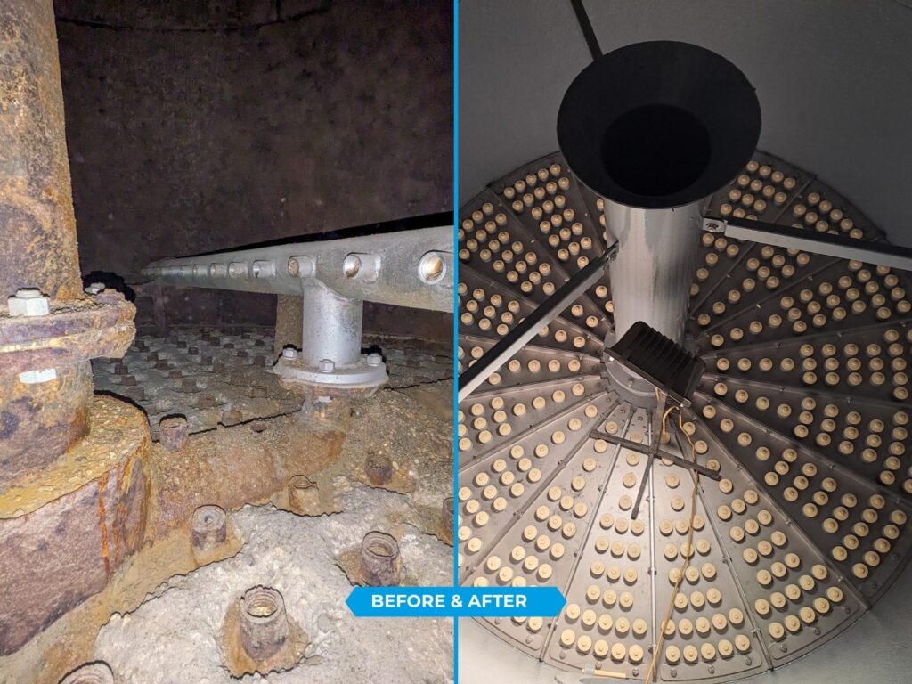On the left is an old, clogged gravel filter for water treatment. On the right is a top-down view of the new filter.